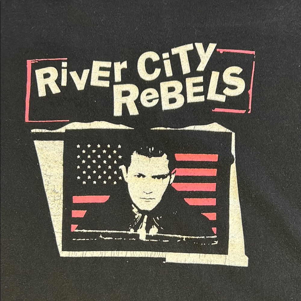 River City Rebels Black Graphic T-Shirt, Racism, Religion, and War